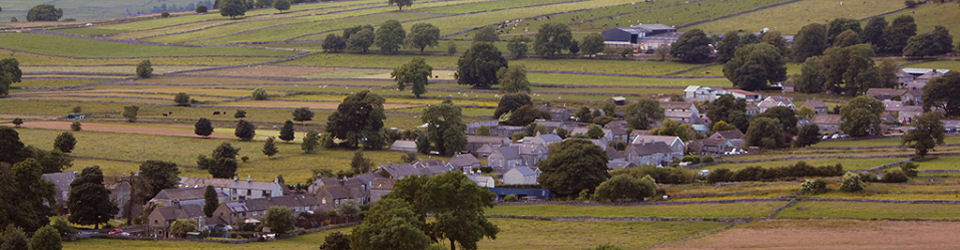 View of fields and Chelmorton village.